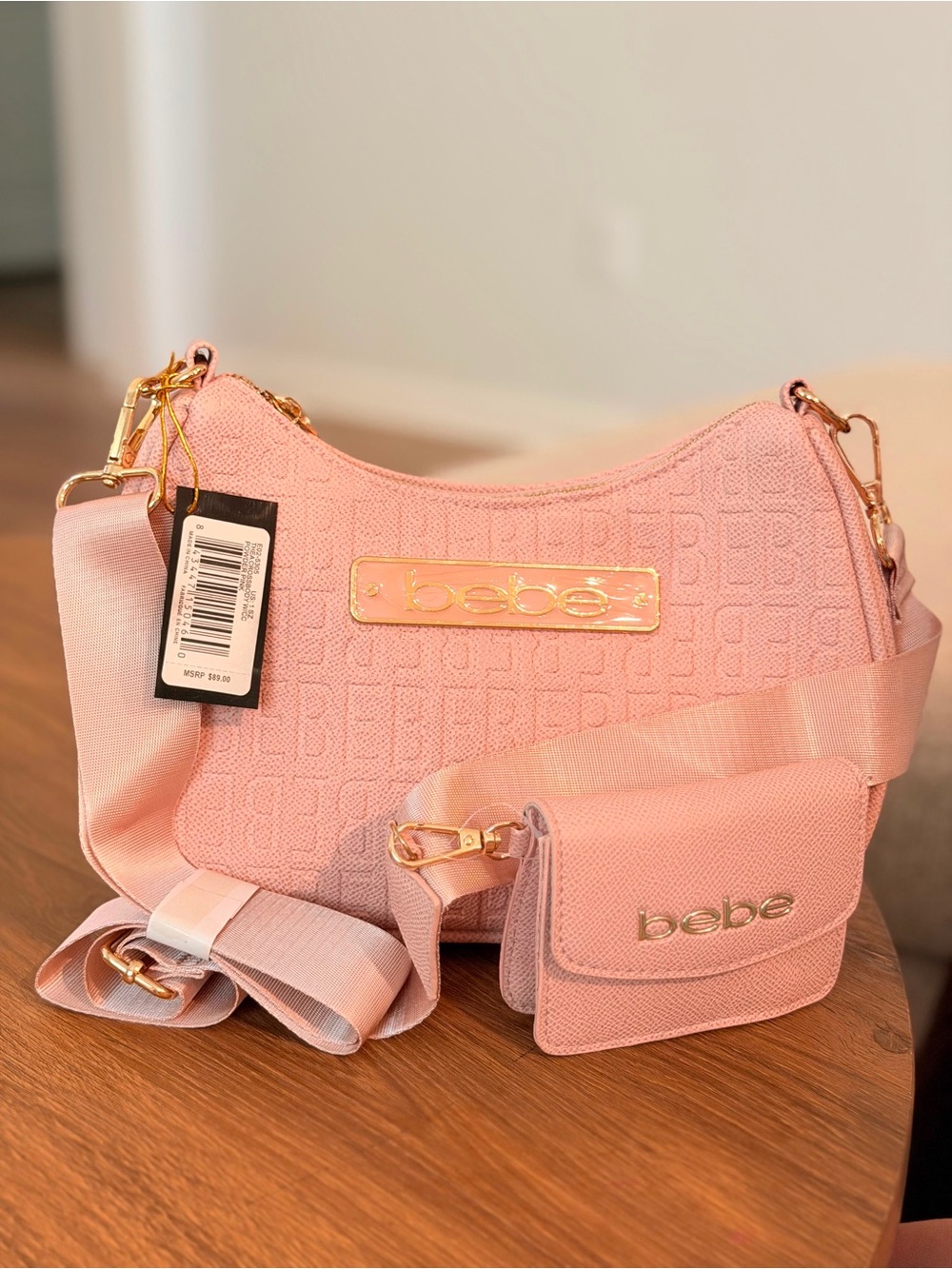 bebe Pink Textured Crossbody Bag with Detachable Mini Pouch